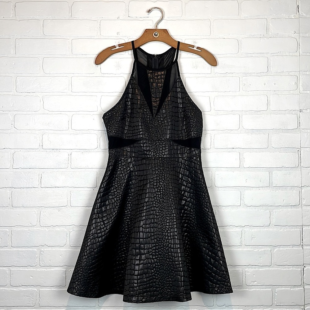 ASTR Black Illusion Mesh Textured Snakeskin High Neck Cutout Mini Skater Dress M